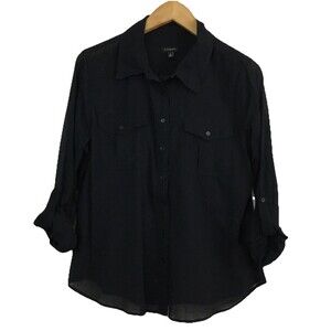 Talbots Shirt Womens 12 Black Roll Tab Sleeve Button Up Lightweight Gauzy